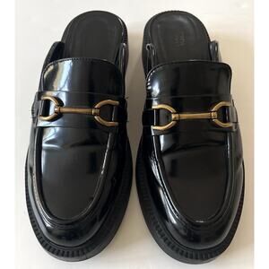 Zara Open Back Loafers Women 40 Black Chunky Platform Metal Buckle